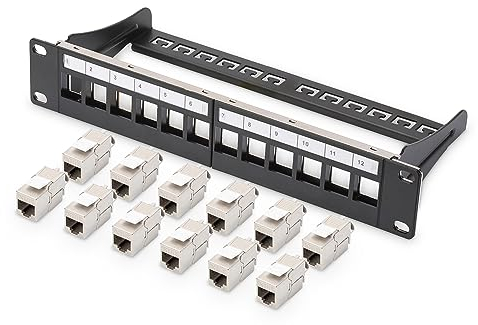 DIGITUS Patchpanel – Modular – 10-Zoll – 12 Port – Geschirmt – Rack-Montage 1HE – Schwarz – Mit 12x Cat6A Keystone-Modul