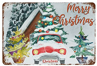 Cartello in metallo con scritta Merry Christmas, 20,3 x 30,5 cm, con scritta in lingua inglese Merry Christmas e Babbo Natale, gnomo, camion rosso, decorazione vintage da parete per casa e