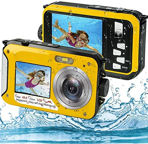 Waterproof Digital Camera, 10ft Full HD 2.7K 48MP 16X Digital Zoom Selfie Dual Screen Full Color LCD Displays Waterproof Camera for Snorkeling, Surfing, Swimming(yellow)