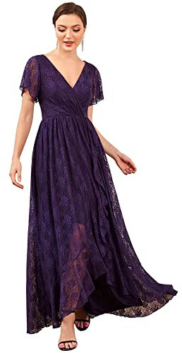 Ever-Pretty Vestito da Sera Donna Lungo Pizzo Scollo a V Maniche Corte Semplice Abiti da Sera Viola Scuro 48