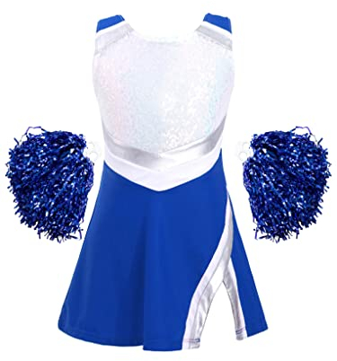 Mufeng Kinder Mädchen Cheerleading Kostüm Ärmellos Pailletten Cheer Leader Kleid mit Pompoms Karneval Fasching Party Bühnenauftritt Cosplay A König Blau 146-152
