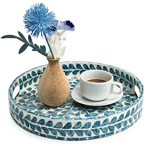 CLAYNIX Serving Tray 12.5 Inch, Lacquer Mother of Pearl Inlay Mosaic Tray, Round Wooden Marble Tray with Handles Trays for Tea, Breakfast (Leaf Style)