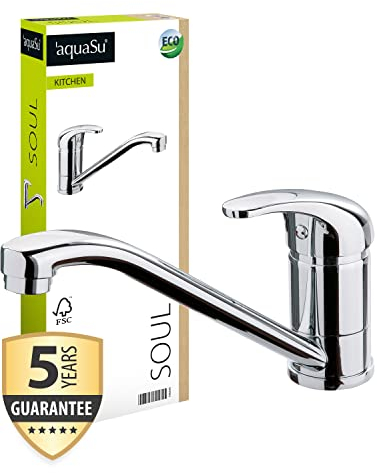 'aquaSu® 795845 - Rubinetto da cucina Soul per lavello, miscelatore monocomando con cartuccia in ceramica, rubinetto ad alta pressione, ottone cromato