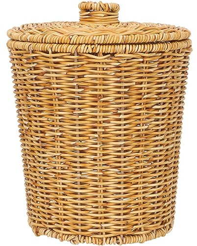 JTBDWOSK Badezimmer Mülleimer Rattan Geflochtener Runder Mülleimer Rattan Abfalleimer mit Deckel Weidenkorb Papiereimer Wäschekorb Dekokorb Aufbewahrungskorb für Küche Bad Organizer,Braun,25x21cm