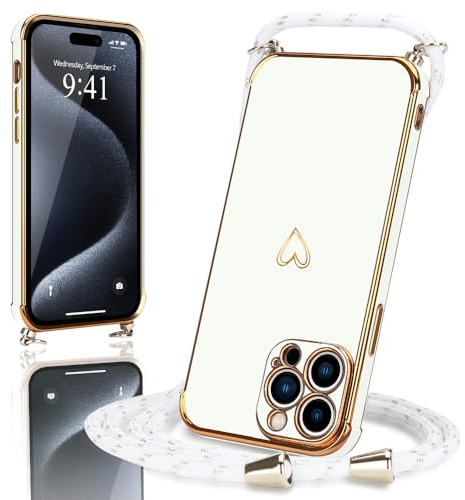 Micoden Handykette kompatibel mit iPhone 15 Pro hülle Ultra dünn Kameraschutz Herz Love Design Galvanik Silikon Bumper Case Kordel zum Umhängen Handyhülle mit Band Schutzhülle,Weiß