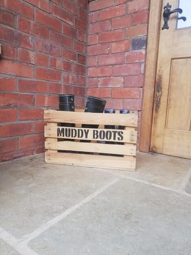 Welly Boot Rack & Shoe Rack Wooden Storage Box Apple Crate - Custom Muddy Boots Stenciled