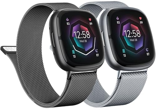 2 Stück Metall Armband für Fitbit Versa 3/Versa 4/Sense 2,Edelstahlarmband Sport Ersatzband Uhrenarmband aus Edelstahl mit Magnetschließe für Fitbit Versa 4/3/Sense 2 Smartwatch,schwarzes/Silber,L