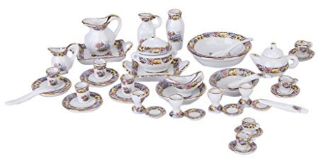 EHJRE [Kein Artikel 40 Teiliges Set Puppenhaus Essgeschirr, Keramik, Porzellan, Teegeschirr, Tassenteller, 1/12, Handgefertigte Accessoires