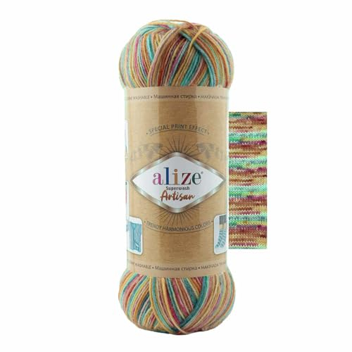 100g Sockenwolle Alize Superwash Artisan 75% Wolle Strickwolle Häkelgarn Farbwahl, Farbe:9012 Konfetti