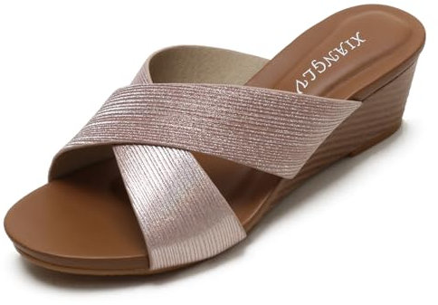 Vorgelen Sandales Femme Été Compensé Chaussons Bout Ouvert Pantoufles Décontractées Talon Haut Claquette Bascule Sandale Champagne 40 EU = 41 CN