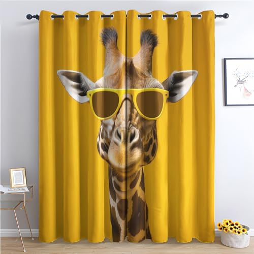 SZLYZM Giraffe Vorhänge, Verdunklungsvorhänge mit Muster Lustige Tiere, Vorhang Blickdicht mit Ösen, Gardinen für Wohnzimmer Schlafzimmer Kinderzimmer Deko 2er Set - 137x117 (H X B) (Wn-&234)