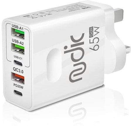 Nudic 65W USB C Fast Charging Block with 4 Ports, Travel Adapter for iPhone 15/16, iPad, MacBook, Galaxy S24 S23, Pixel 8,9 (white)