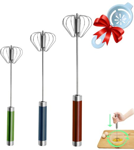 Jninexiu Stainless Steel Whisk, 3 Sizes Semi-automatic Egg Beater, Hand Push Rotary Whisks Mixer Stirrer for Making Cream, Whisking, Beating and Stirring