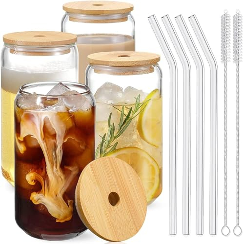 ExploreUncharted 4 Stück Glas mit Deckel und Strohhalm, 500ml Cocktailgläser, Bubble Tea Becher mit Deckel und Strohhalm, Trinkgläser für Eiskaffee, Cocktails, Limonaden, Whisky
