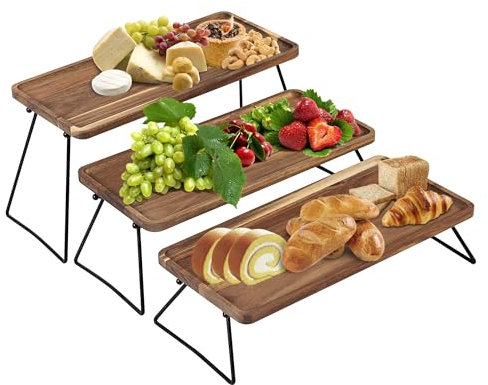 Vencier 3-Tier Dessert Display Stand, Cupcake Stand & Towers Serving Tray Set, Portable Foldable Food Display Stand, Tiered Cheese Charcuterie Boards, Acacia Wood Trays for Outdoor, Party, Picnic