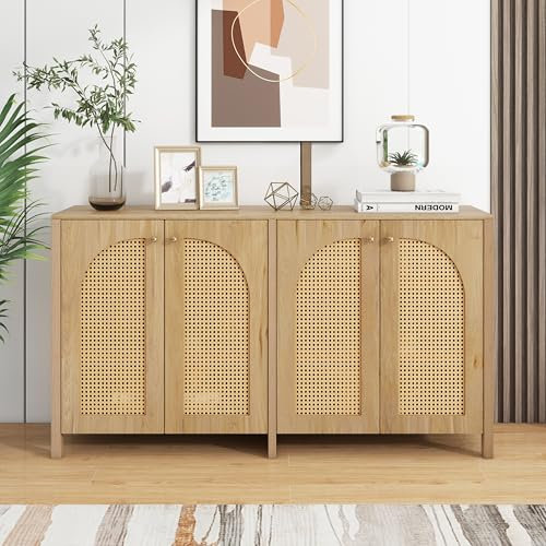 Merax Modernes Sideboard,vielseitiger Buffetschrank,Schließfach,Anrichte mit 4 Rattantüren und Metallgriffen,für Esszimmer, Wohnzimmer & Küche, Naturholz