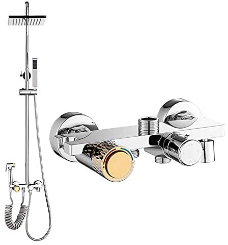 YHJZSM Chrome Bathroom Thermostatic Mixer Brass Shower Set Square Rainfall Shower Head Limescale Resistant Push Button Shower Mixer with Sprayer for Bathroom