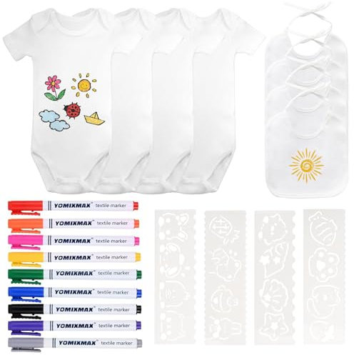 HTTYHT 4 Stück Lätzchen zum Bemalen DIY Weiße Baby Lätzchen Set Baumwolle Halstuch 4 Stück Kurzarmbody mit 9 Textilstiften und 2 Malen Schablonen für Babyparty Spiele Babyshower Deko Junge Mädchen