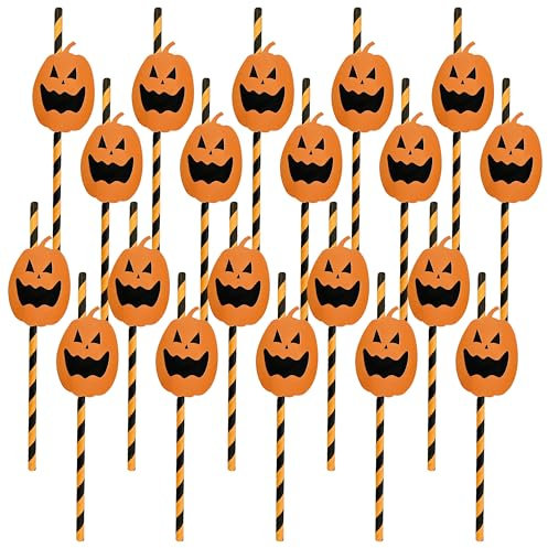 Lizzy 20 Pack Paper Straws | Drinking Black & Orange Stripes Straws with Attached Pumpkin Decorations for Halloween Party Outdoor Picnics, Biodegradable Tableware