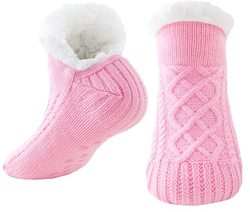 Niorasen Chaussettes Chausson Femme Homme, Pantoufles Antidérapantes Thermiques, Chausson Hiver Polaire Chaussette Chaude, Grosses Chaussettes Pilou Pilou de Noël, Cadeau de Noël, Rose
