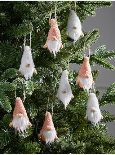 Christmas Tree Hanging Gonks Ornaments – (9.5 cm) Fabric Knitted Pendant | Set of 8, Red, White, Green, Pink,Grey,Blue | Personalised Holiday Decor for Tree, Table, Fireplace, Window (Pink & White)