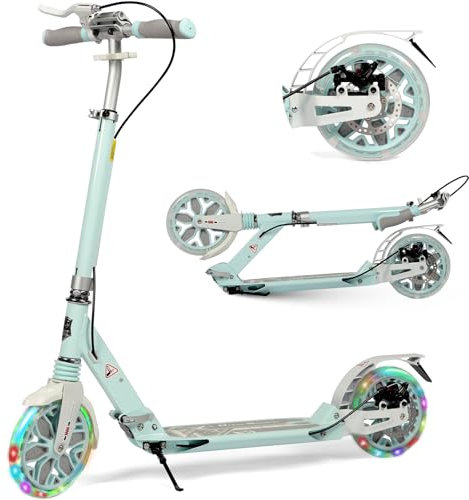 H.yeed Kick Scooter for Kids Ages 8-12, 200mm Big Wheels for Adults with Disc Brakes, Adult Scooter with Carry Strap and Double Shock Absorption, Foldable Scooters for Teenagers 15 (LED - Green)