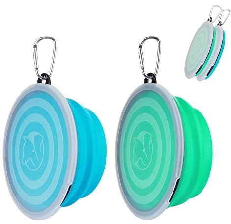 Lot de 2 bols à eau en silicone pour chat et chien, bol pliable pour animal de compagnie, bol portable pour chien avec couvercles et mousqueton pour voyage et camping (bleu, vert, grand)
