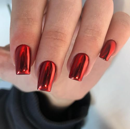 Chrome False Nails Medium, SXVME Metallic Red Press On Nails Short Medium Square, Glitter Shine Fake Nails Glue on Nails Cute, Mirror Acrylic Stick on Nails for Women Daily & Party Wear