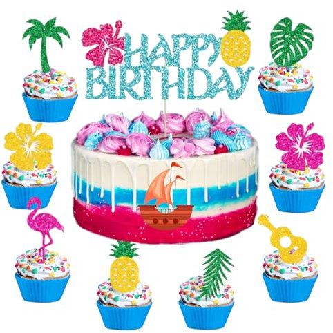 Decoracion Tarta Flamenco, 10 PCS Decoración de Pastel Hawaiana, Topper de Pastel de Hawaiana, Decoraciones de cumpleaños de Verano para Fiestas de Verano, Hawaii, Fiestas en Piscina (10PCS)