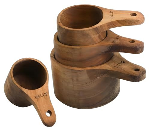 Measuring Cup Set, 4PCS Wooden Measuring Cups, Stackable Kitchen Measure Tool with Handle and Hanging Hole Measurements Set for Baking Cooking