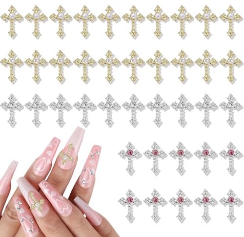 Nail Art Cross,40PCS Pearl Rhinestones Cross Nail Charms, Gold Silver Nail Art Gems for Manicure Design Decorations Craft DIY Jewelry Making (C Gold Silver)