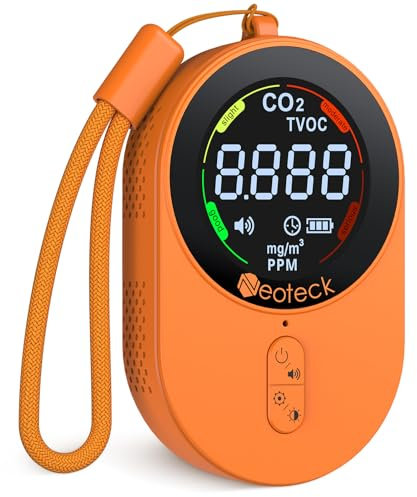 Neoteck Misuratore CO₂ e TVOC 2 in 1 Portatile, Rilevatore di Qualità Aria con Allarme Acustico e Visivo, Display Luminoso Regolabile, Batteria Ricaricabile, Monitor per Casa, Ufficio e Scuola