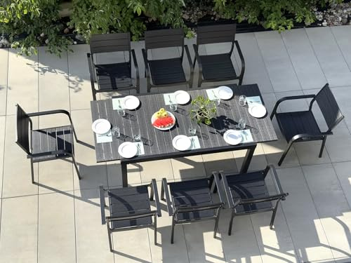 MAT-COMPANY Gartengarnitur 9-teilig Ausziehbarer Gartentisch mit 8 Stühlen Aluminium Tischplatte Holzimitat Schwarz Wetterfest Modern