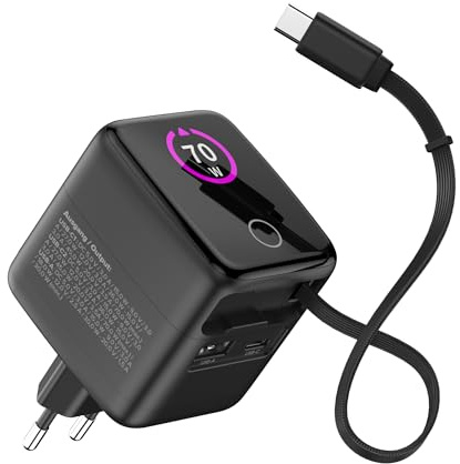 Inline USB C & USB A Ladegerät 70W, mit ausziehbarem Kabel, GaN Netzteil mit Display, Power Delivery & Quick Charge, schwarz, 31507R