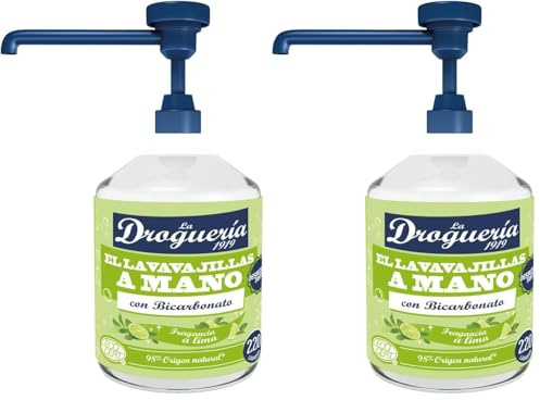 LA DROGUERIA - Lavavajillas a Mano Ecológico con Bicarbonato - 500ml (220 Lavados) - Detergente Líquido Desengrasante para Platos - Jabón Natural Concentrado para Pieles Sensibles con Dosificador