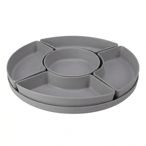 MIJOMA Servierplatte rund – 6 teiliges Schalen System mit Dipmulde – Snack und Dip Set für Tisch und Buffet – Grau mit mattem Finish