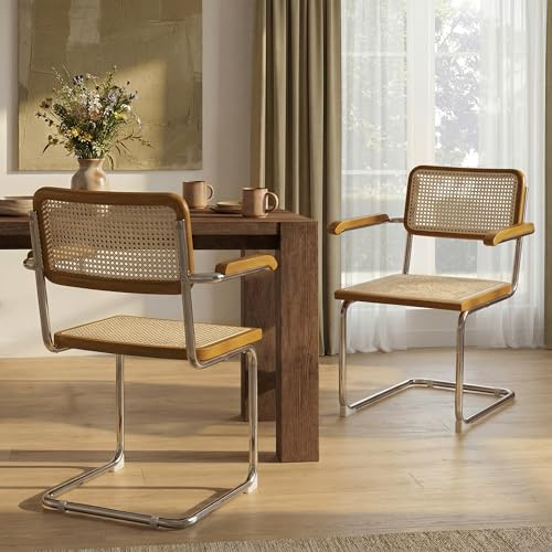 Zouron Esszimmerstühle 2er Set Rattan Stuhl Schwingstühle - Holzrahmen Freischwinger Stühle Geflochtene Rattan Rückenlehne Chrom Metallbeine Küchenstuhl - Olivbraun