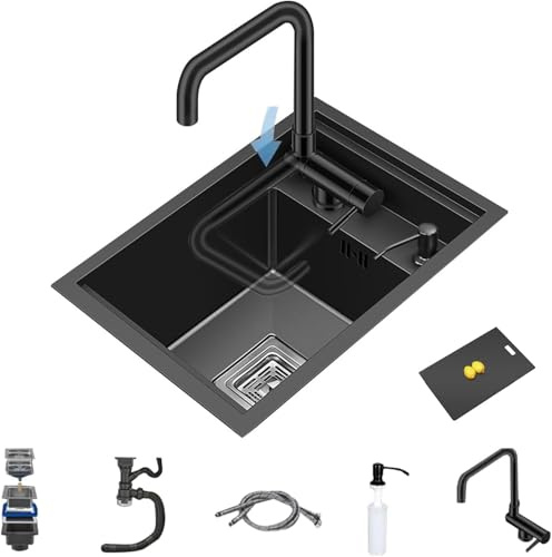 Stainless Steel Black-Grey Hidden Single Bowl Kitchen Sink, Small Kitchen Invisible RV Sink, with Lift-Up Faucet, with Cover, for Kitchen, Bar, Outdoor