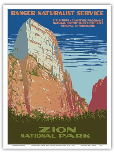 Pacifica Island Art - Zion Nationalpark - Großer weißer Thron - Förster Naturschutzdienst - Retro Reise Plakat von Work Projects Administration (WPA) c.1938 - Kunstdruck 23 x 31 cm