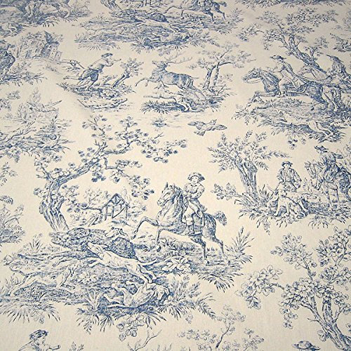 Stoff am Stück Stoff Baumwolle Rips Toile de Jouy Jagd ecru blau 280 cm breit überbreit