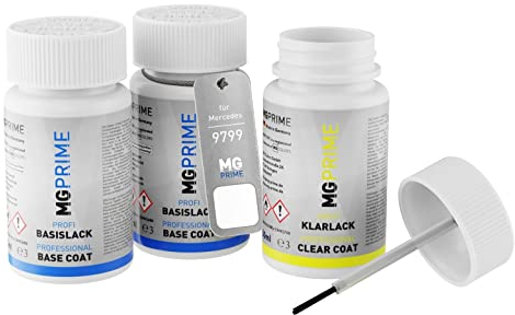 MG PRIME Peinture voiture Kit de stylo retouche pour Mercedes 9799/799 Diamantweiss Perleffekt/Blanc Diamant Nacre de fond, de base, de vernis de 50ml par flacon