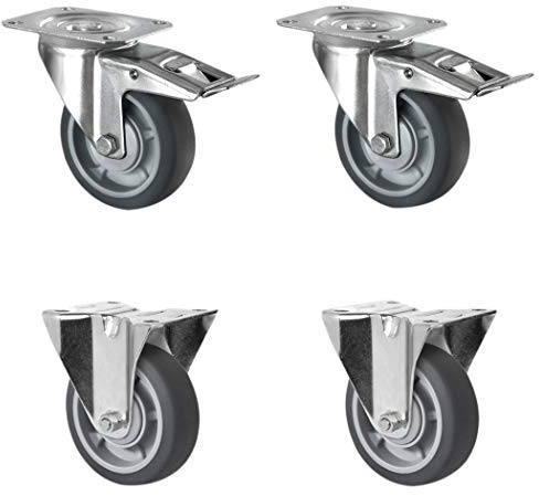 CASCOO SETTBFB100P2G2B32 Rollensatz 2 Lenkrollen mit Feststeller, 2 Bockrollen, Polypropylen, Gummi, Durchmesser 100 mm, Kugellager, Transportrollen, spurlos, Traglast 405 kg (4-er Pack)