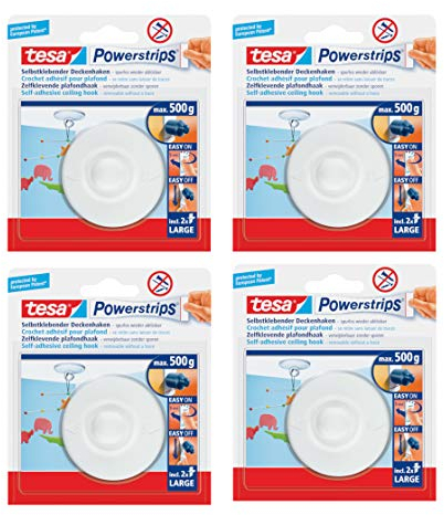 tesa Powerstrips Crochet de plafond pivotant en plastique de qualité supérieure à coller jusqu'à 0,5 kg Se retire sans laisser de traces (4 x 1 crochet)