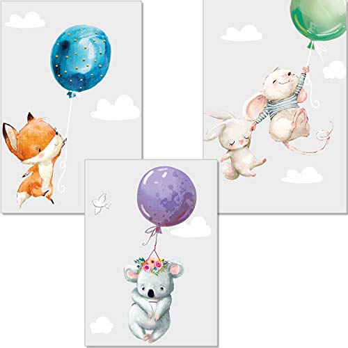 artpin® 3er Set Poster Kinderzimmer Deko - Bilder Babyzimmer DIN A4 - Wandbilder Mädchen Junge - Kinderposter Hase Maus Fuchs Luftballons Wolken (P45)