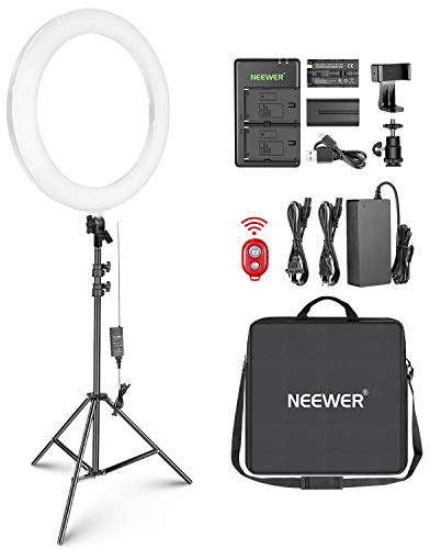 NEEWER LED Ringlicht 45,7cm (18 Zoll) Set für Video YouTube Make up Salon, Temperatur verstellbar, Lichtring mit Fuß und Smartphone Halterung (weiß)