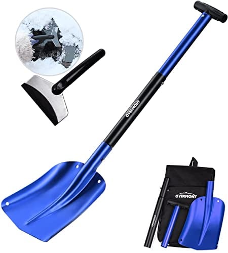 OVERMONT Pale da Neve Portatile Staccabile con Pala Piccolo per Rimozione Neve per Auto Borsa da Trasporto in Lega di Alluminio Manico PP Blu