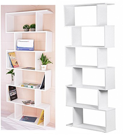 Panana Wooden Bookcase 6 Tier Bookshelf Cube Tall Display Shelf Free Standing S Shape Design Storage Rack for Office Living Room White