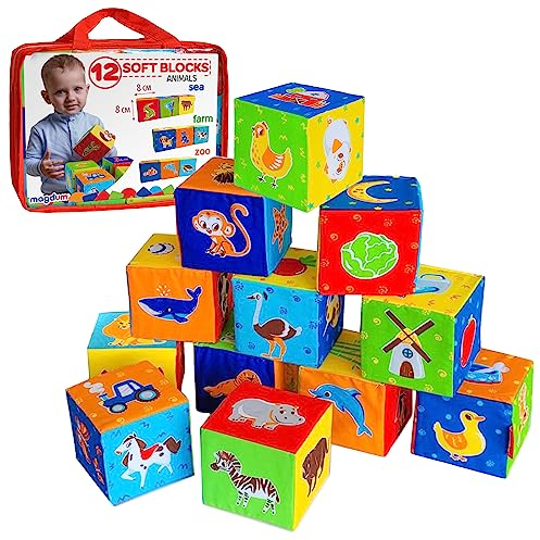 magdum 12 Spielwürfel Baby - Bausteine für Kinder ab 1 Jahr - Montessori Spielzeug ab 1 Jahr - Stapelsteine - Bauklötze - Stapelbecher Baby- Sensorik Stapelwürfel - Motorikwürfel ab 1 Jahr