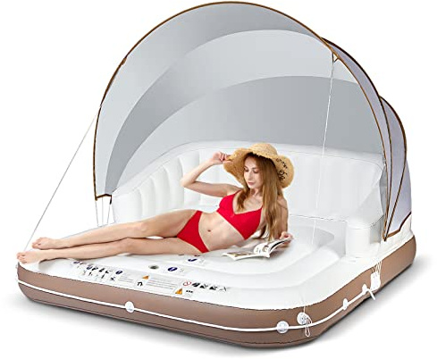 COSTWAY Matelas Gonflable Lounge Salon de Piscine Flottant Charge 200KG avec Accoudoir à Haut Dossier,2 Porte-gobelets et Auvent Rétractable pour Adultes, 180x180x160CM