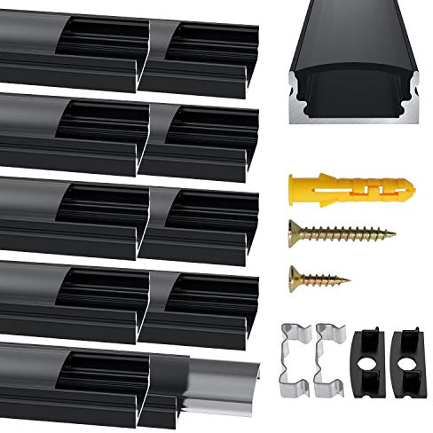 Jirvyuk LED Aluminum Channel, 10 Pack 1m/3.3ft Led Diffuser Strip and Profile for LED Strip Lights with Black Cover Indoor, End Caps and Metal Mounting Clips - (U Shape)
